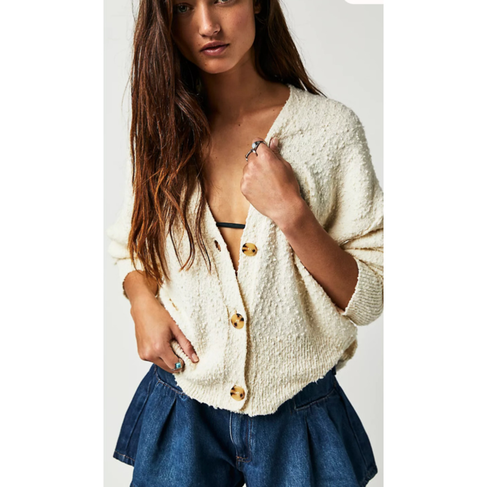 Free People Cream Textured Button-Front Cardigan